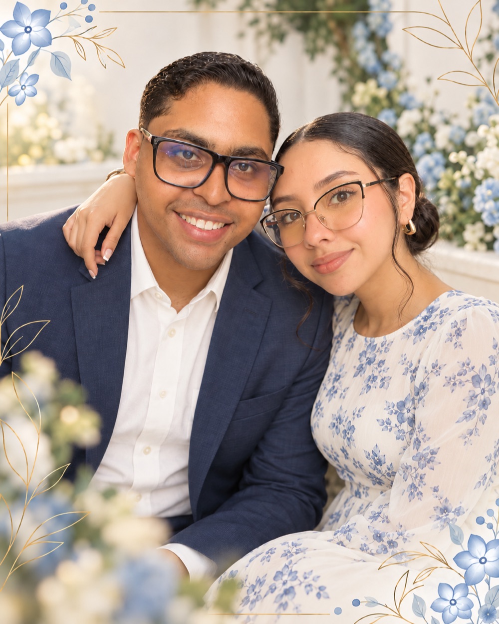 Brayan y Camila juntos, vestidos en tonos azul y blanco